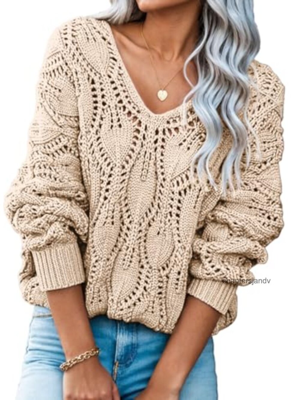 Women's V Neck Crochet Hollow Out Knit Pullover Sweater Long Sleeve